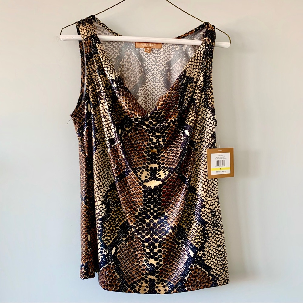 Ellen Tracy NWT Y2K brown black snake print cowl neck tank party festival summer